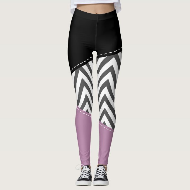 Gray Zigzag, Gray Chevron, Zigzag Pattern, Purple Leggings (Front)