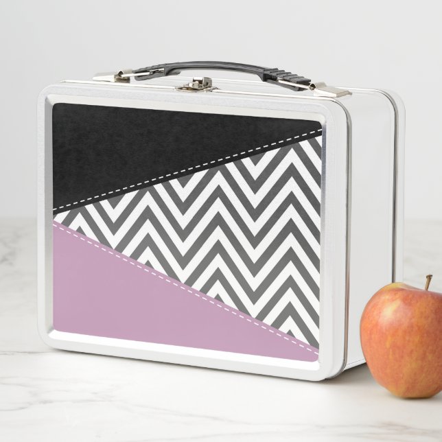 Gray Zigzag, Gray Chevron, Zigzag Pattern, Purple Metal Lunch Box (In Situ)