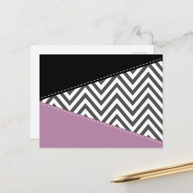 Gray Zigzag, Gray Chevron, Zigzag Pattern, Purple Postcard (Front/Back In Situ)