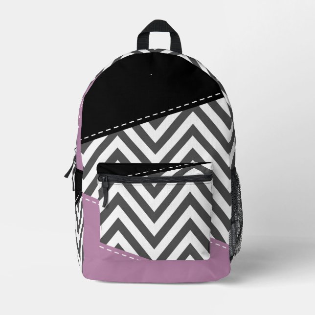 Gray Zigzag, Gray Chevron, Zigzag Pattern, Purple Printed Backpack (Front)
