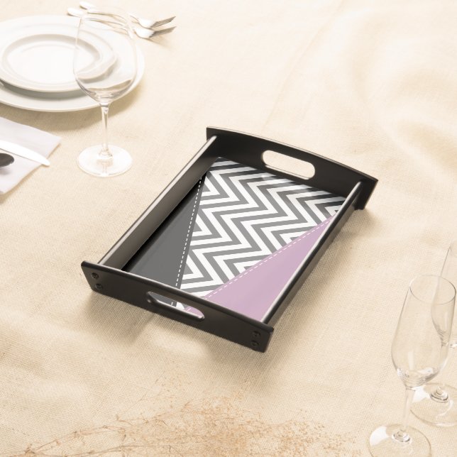 Gray Zigzag, Gray Chevron, Zigzag Pattern, Purple Serving Tray (Front)