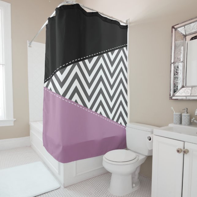 Gray Zigzag, Gray Chevron, Zigzag Pattern, Purple Shower Curtain (In Situ)