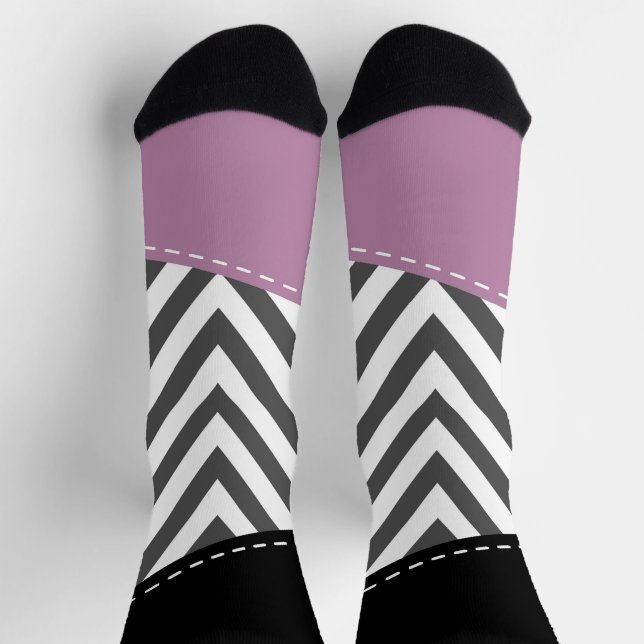 Gray Zigzag, Gray Chevron, Zigzag Pattern, Purple Socks (Top)