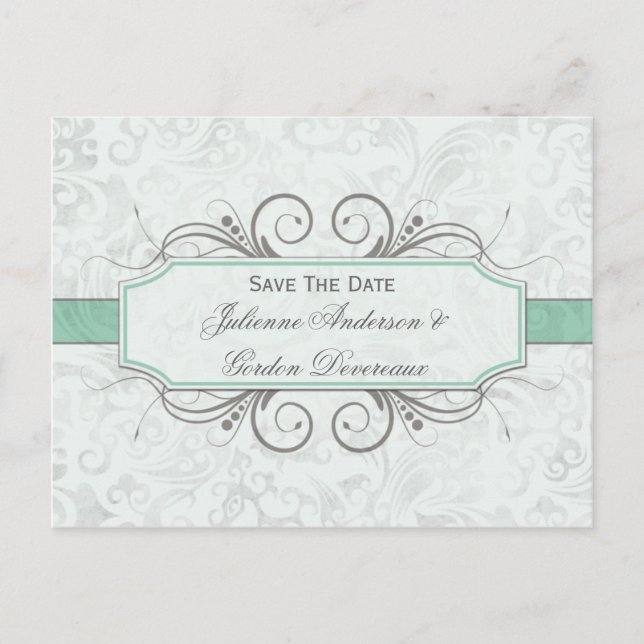 Grayed Jade and Gray Damask Save The Date Announcement Postcard (Front)