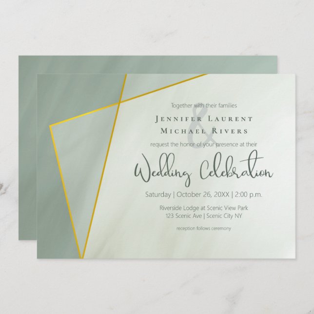 grayed jade geometric typography wedding invitation (Front/Back)