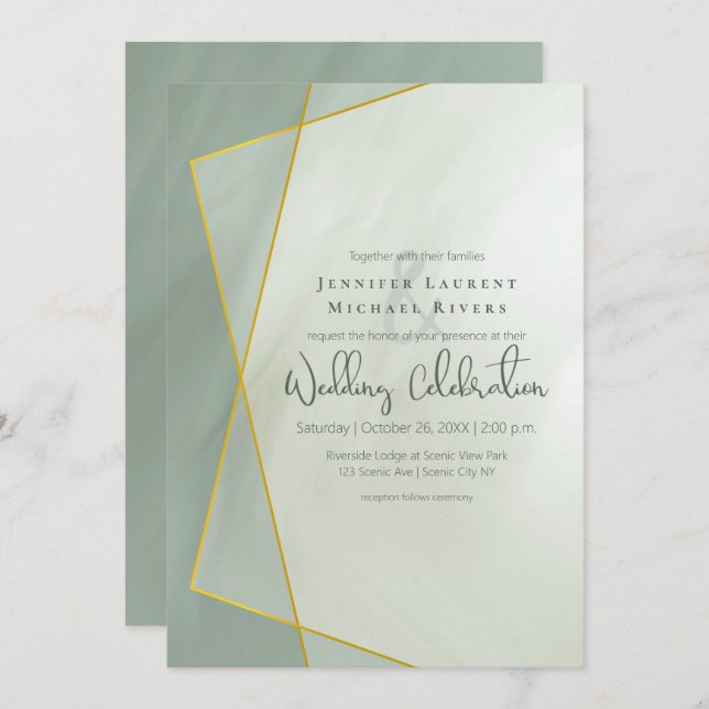 grayed jade geometric typography wedding invitation (Front/Back)