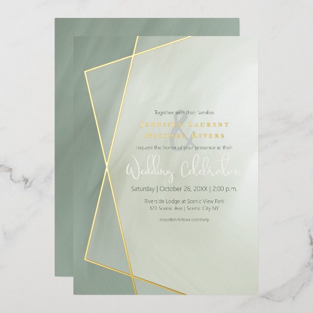 grayed jade gold frame typography wedding gold foil invitation (Front/Back)