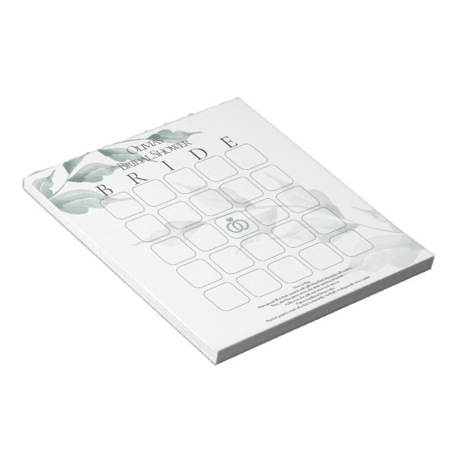 Grayed Jade Green Botanical Bridal Bingo Notepad (Angled)