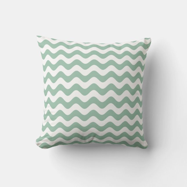 Grayed Jade Green Throw Pillow - Wave Pattern (Front)