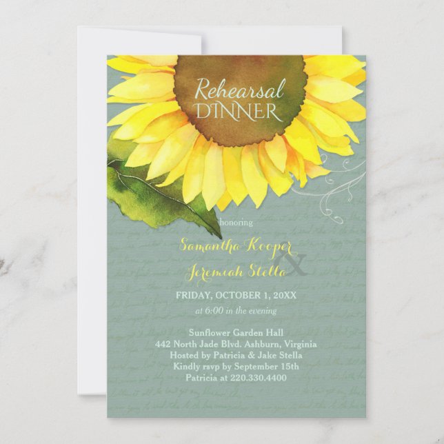 Grayed Jade Sunflower Wedding Rehearsal Dinner Invitation (Front)