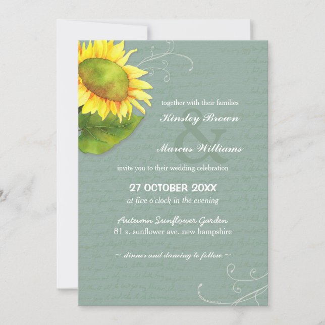 Grayed Jade Yellow Sunflower Wedding Invitation (Front)