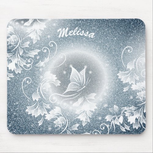 Grayish Blue Glitter  White Floral Butterfly  Mouse Pad