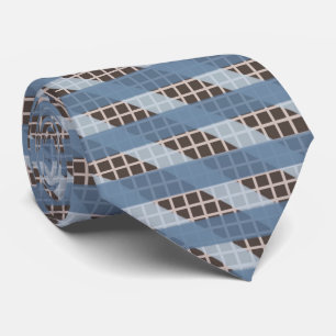 Grayish Blue Stripes On Creamy Tan Grid On Brown Neck Tie