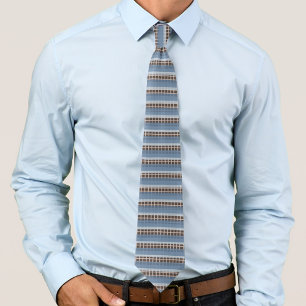 Grayish Blue Stripes On Creamy Tan Grid On Brown Neck Tie