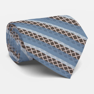 Grayish Blue Stripes On Creamy Tan Grid On Brown Neck Tie