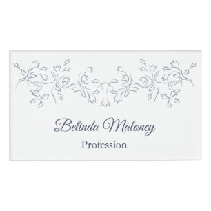 Grayish Blue White Floral Border Name Tag