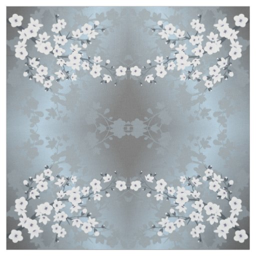 Grayish Blue White Floral Cherry Blossoms Pattern Fabric