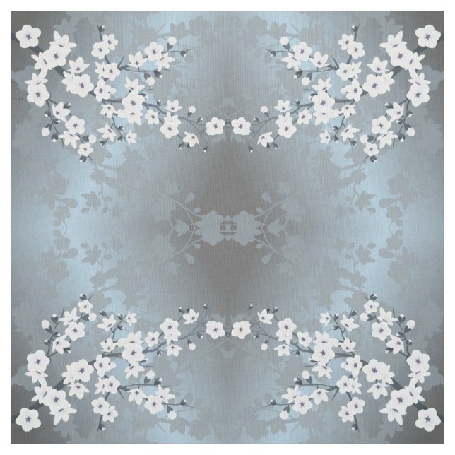 Grayish Blue White Floral Cherry Blossoms Pattern Fabric (Swatch)