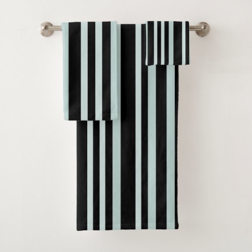 Grayish Gray Green Line Stripes On Black  Bath Towel Set