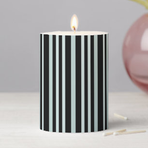 Grayish Gray Green Line Stripes On Black Pillar Candle