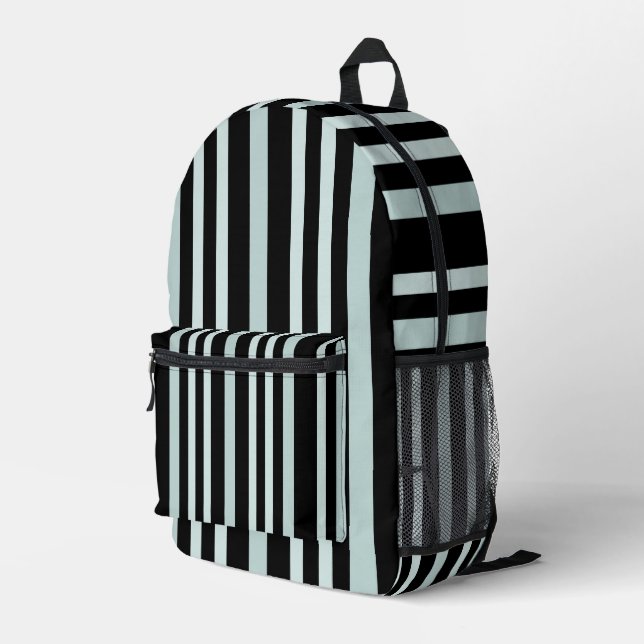 Grayish Gray Green Line Stripes On Black  Printed Backpack (Back Corner Right)