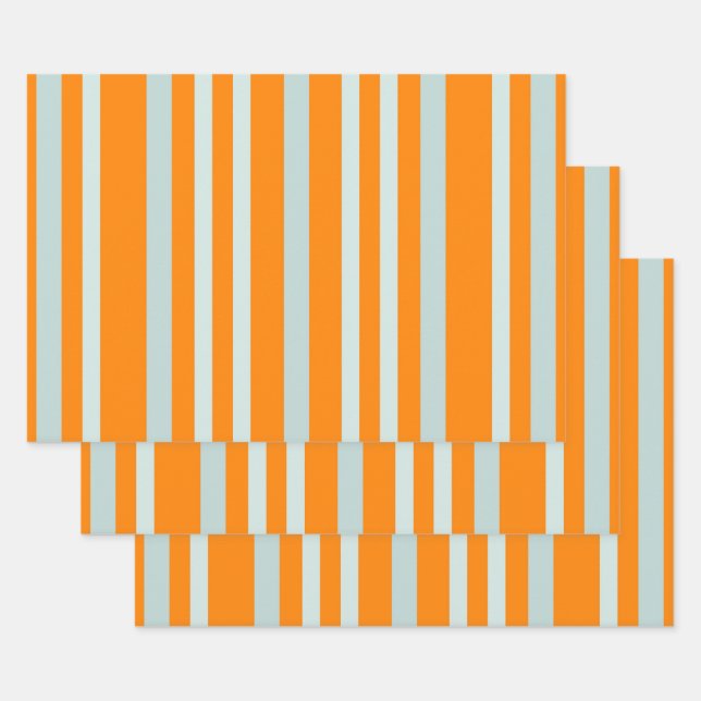 Grayish Gray Green Line Stripes On Orange  Wrapping Paper Sheets (Set)
