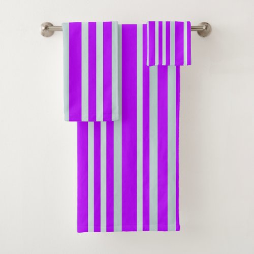 Grayish Gray Green Line Stripes On Pretty Purple  Bath Towel Set