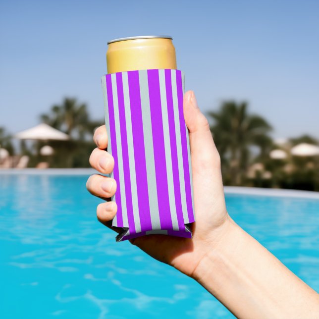 Grayish Gray Green Line Stripes On Pretty Purple  Seltzer Can Cooler (In Situ Pool)