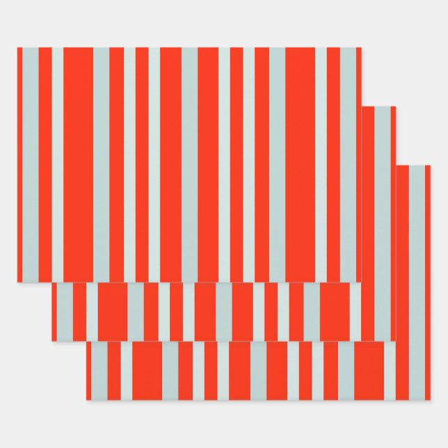 Grayish Gray Green Line Stripes On Red Wrapping Paper Sheets (Set)