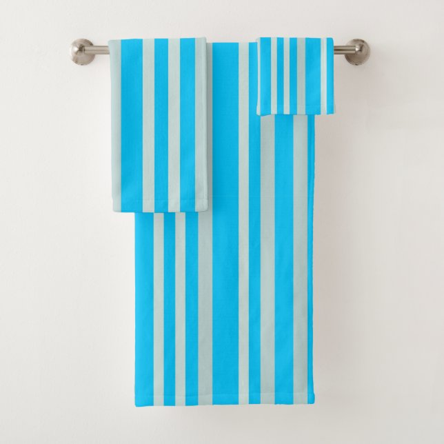 Grayish Gray Green Line Stripes On Sky Blue  Bath Towel Set (Insitu)