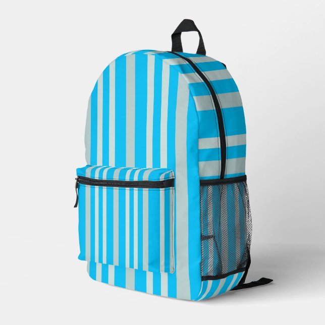 Grayish Gray Green Line Stripes On Sky Blue  Printed Backpack (Back Corner Right)