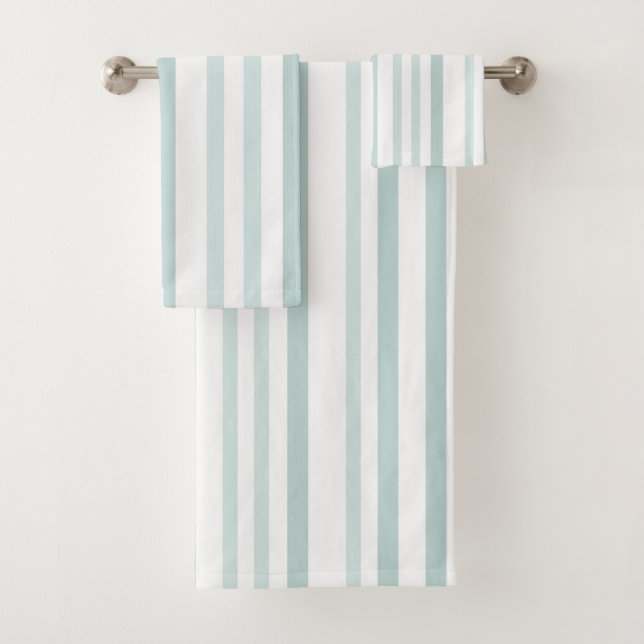 Grayish Gray Green Line Stripes On White Bath Towel Set (Insitu)