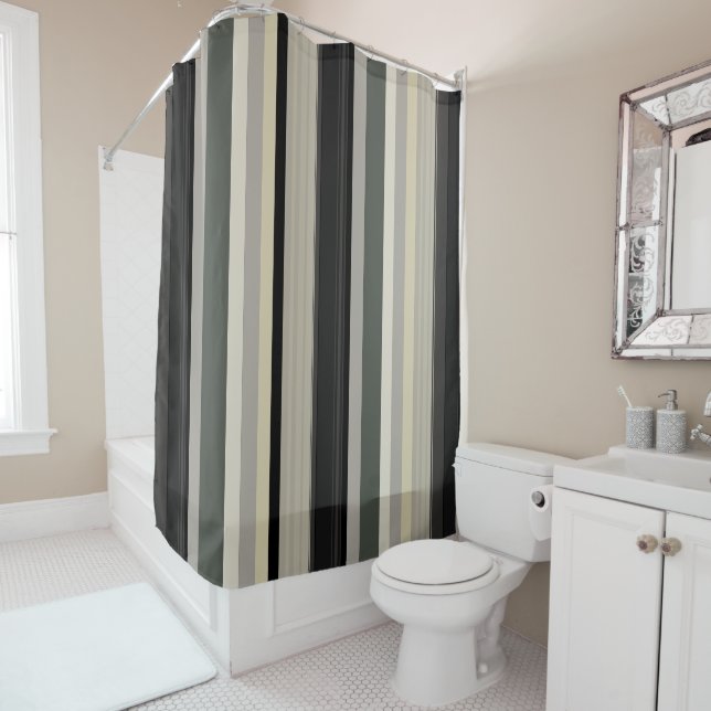 Grays and greens stripes shower curtain (In Situ)