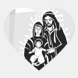 Grayscale Baby Jesus, Mary and Joseph Wedding Hear Heart Sticker