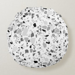 Grayscale black white terrazzo pattern round pillow