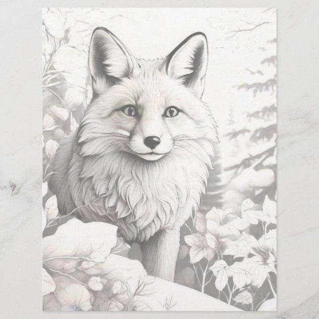 Grayscale Coloring Page - Winter Fox in Snow (Front)