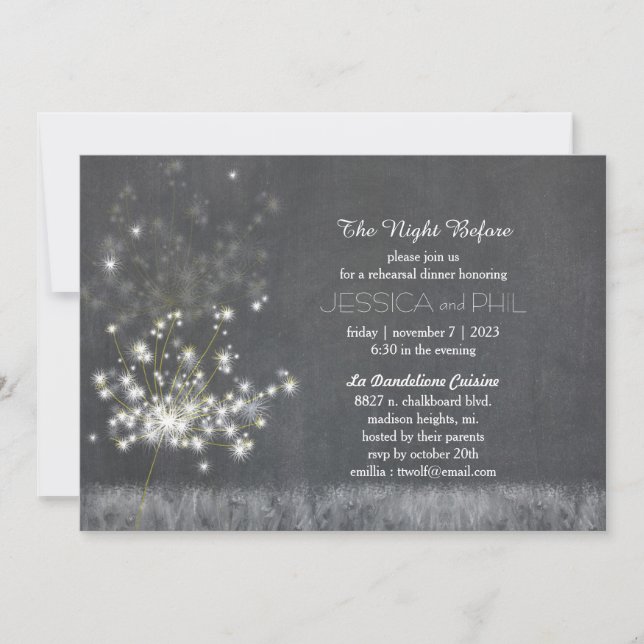 Grayscale Dandelion Wedding Rehearsal Dinner Invitation (Front)