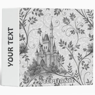 Grayscale Fairytale Castle with Ornate Vine Border 3 Ring Binder