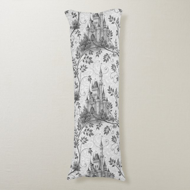 Grayscale Fairytale Castle with Ornate Vine Border Body Pillow (Front Vertical)