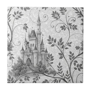 Grayscale Fairytale Castle with Ornate Vine Border Ceramic Tile