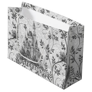 Grayscale Fairytale Castle with Ornate Vine Border Large Gift Bag