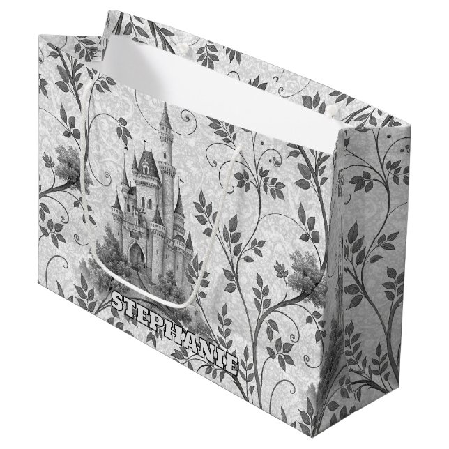 Grayscale Fairytale Castle with Ornate Vine Border Large Gift Bag (Front Angled)