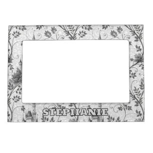Grayscale Fairytale Castle with Ornate Vine Border Magnetic Frame