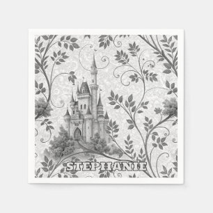 Grayscale Fairytale Castle with Ornate Vine Border Napkins