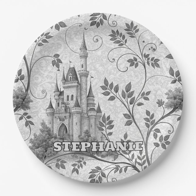 Grayscale Fairytale Castle with Ornate Vine Border Paper Plates (Front)