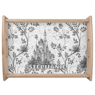 Grayscale Fairytale Castle with Ornate Vine Border Serving Tray