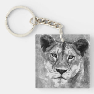 Grayscale Female Lion Digital Art Keychain