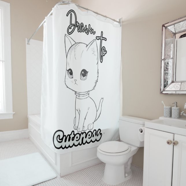 Grayscale Kitten Illustration Charm Shower Curtain (In Situ)