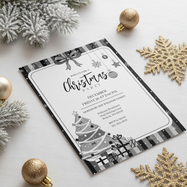 Grayscale Modern Christmas Tree Invitation ("Trendy Holiday Event"
"Monochrome Christmas Card")