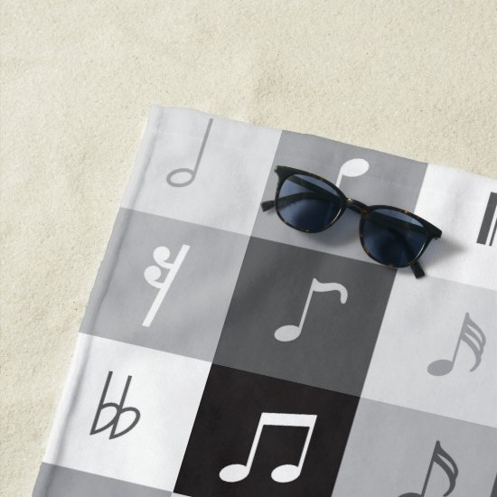 Grayscale music notes pattern beach towel